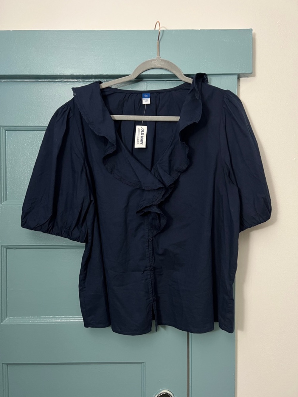 Old Navy Navy Ruffled V-Neck Puff Sleeve Blouse